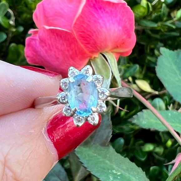 VINTAGE 14K WHITE GOLD AQUAMARINE DIAMOND RING CLASSIC ENGAGEMENT ANNIVERSARY